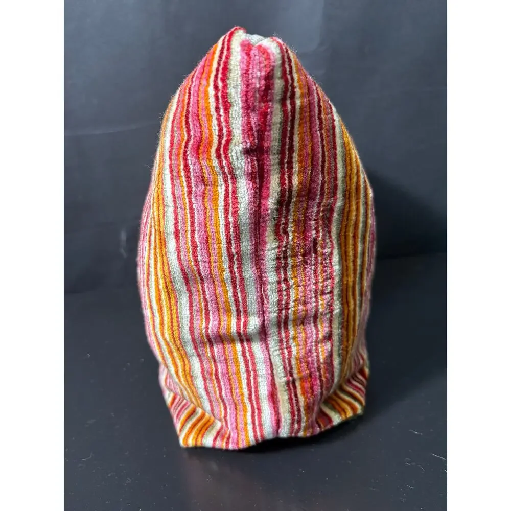 Handcrafted Satchel Bag Created with Vintage Striped Velour Fabric Lined Pouch